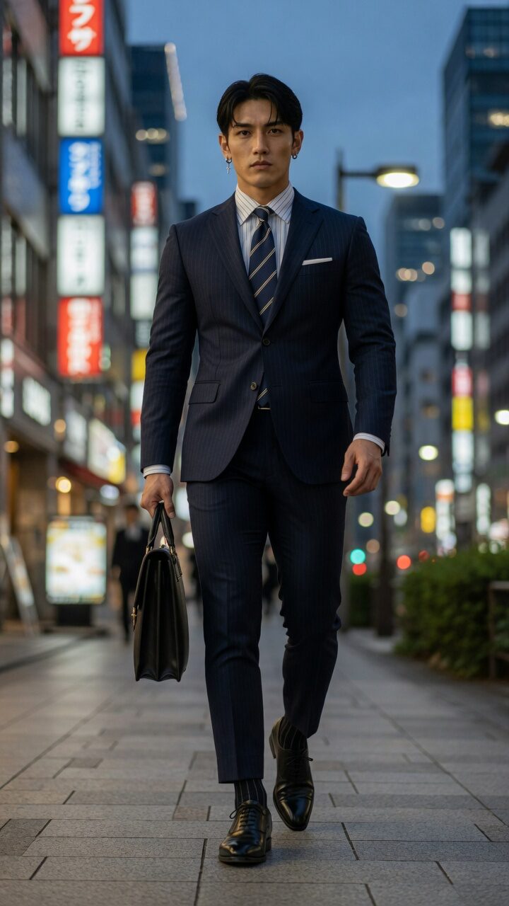 Reo walking through Tokyo in a navy pinstripe suit with a leather briefcase