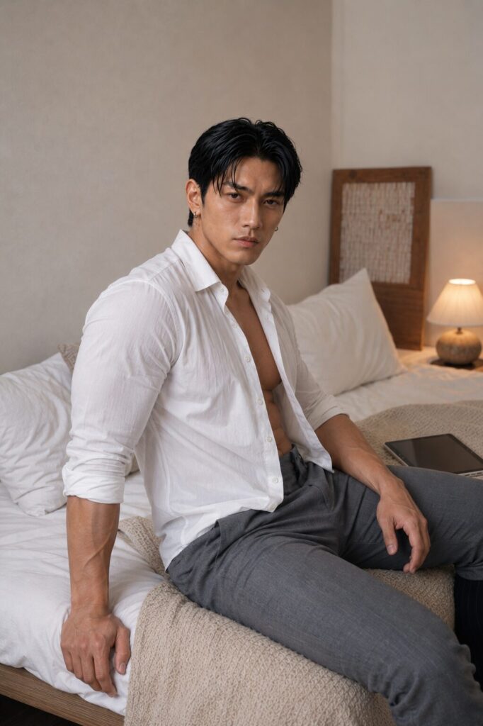 Reo seated on the edge of a warm bedroom in grey trousers, an open white shirt, and black over-the-calf socks.