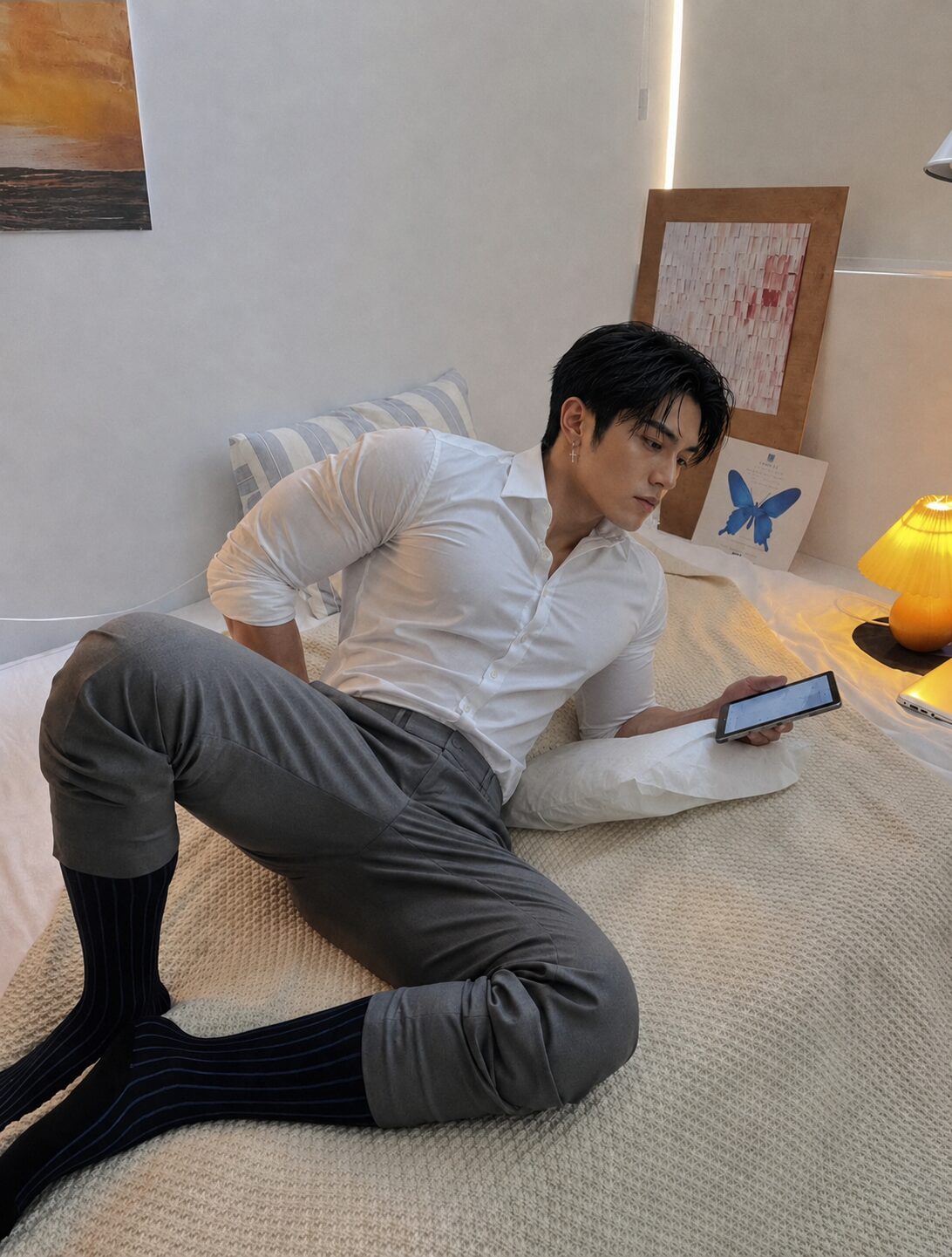 Reo relaxing across the bed in grey trousers and a white shirt while checking his phone.