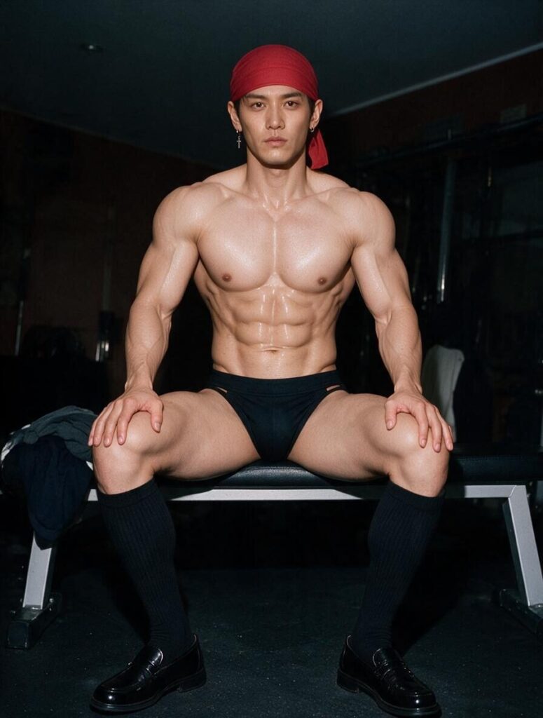 Reo seated on the gym bench in a black thong, black over-the-calf socks, and patent loafers.