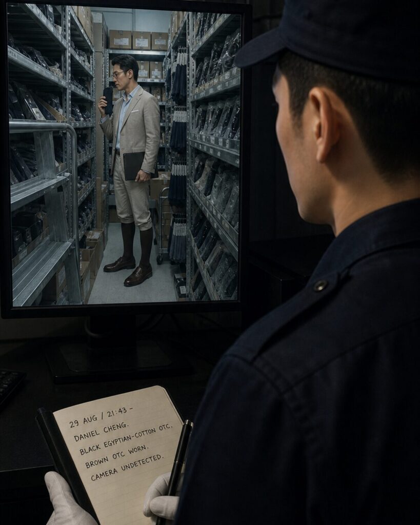 A security custodian observes Daniel on a stockroom monitor and records the moment in a notebook.