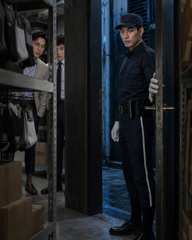 The security custodian holds the service door while Daniel and Jason remain hidden in the stockroom.
