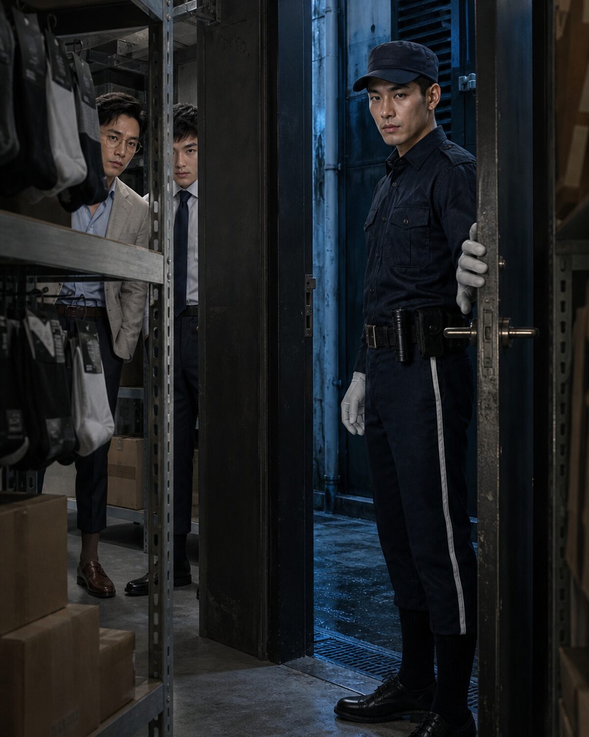 The security custodian holds the service door while Daniel and Jason remain hidden in the stockroom.