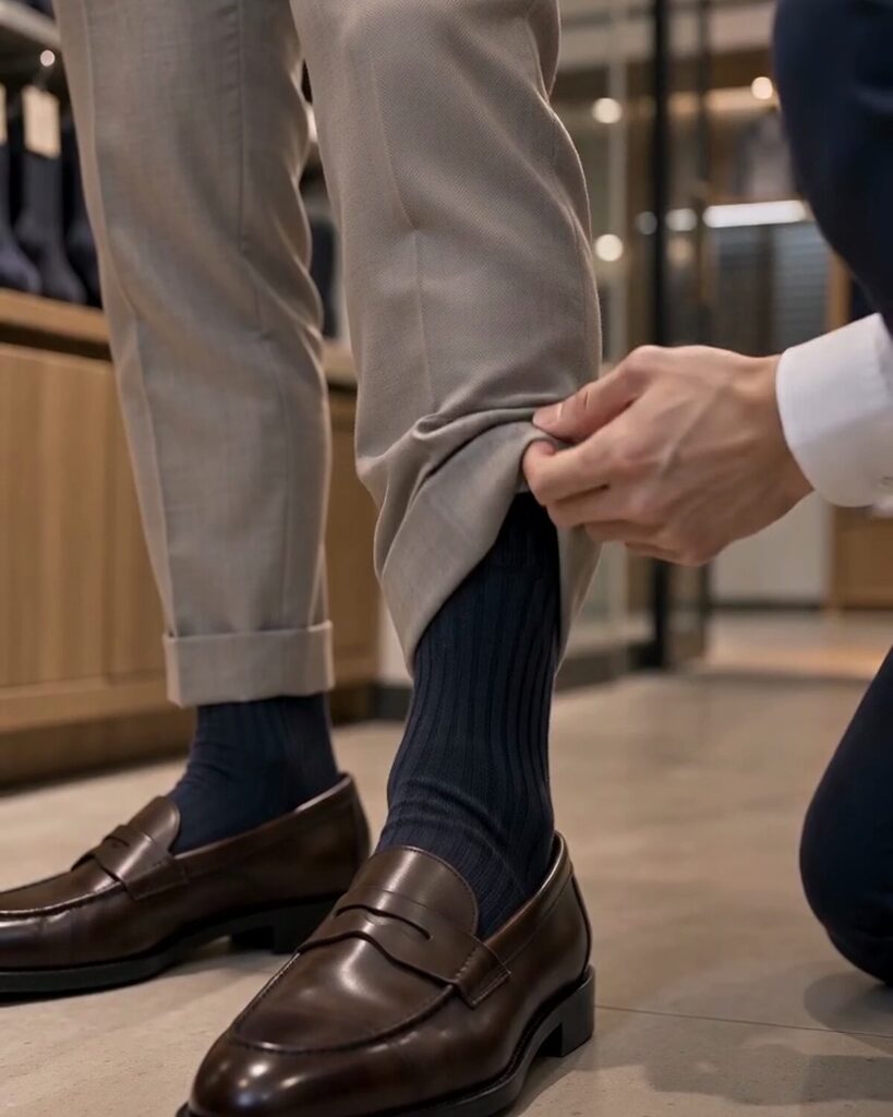 A hand checks the navy over-the-calf sock beneath Daniel Cheng’s trouser cuff.