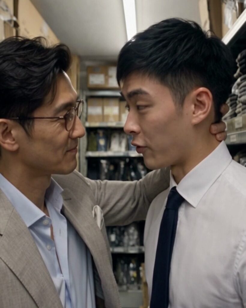 Daniel and Jason pause face to face between the stockroom shelves, both fully dressed.