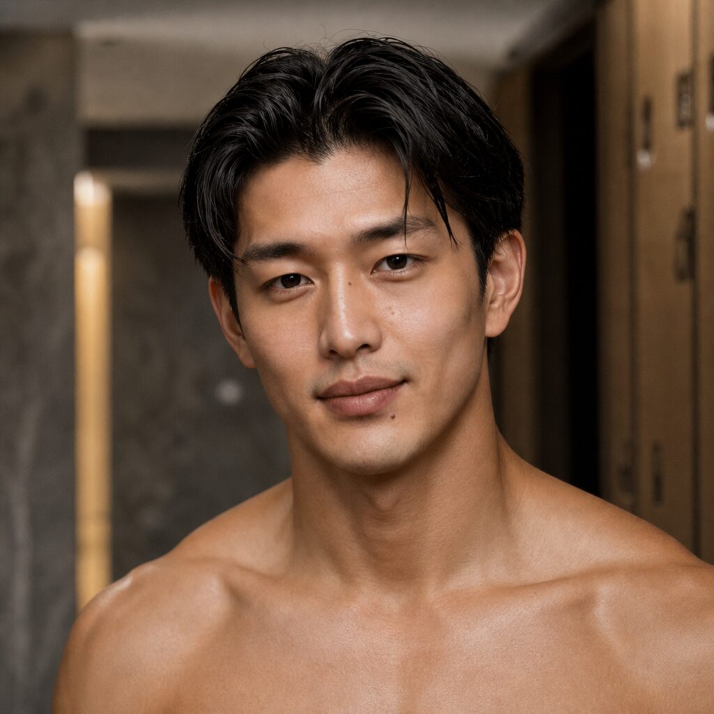 Character A in a quiet changing-room head-and-shoulders portrait after the shower.