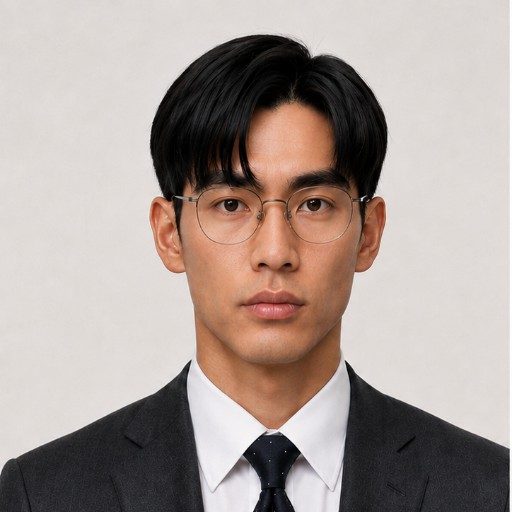 Character B in glasses and a charcoal suit in a clean head-and-shoulders portrait.