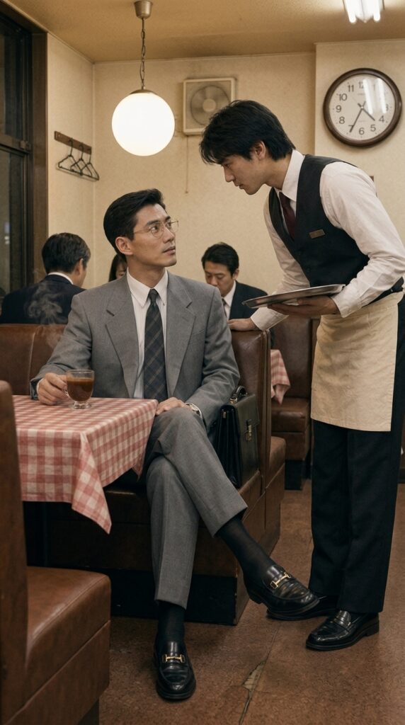 Masato pauses at the last table while Ren approaches with a tray in the warm Minoru dining room.