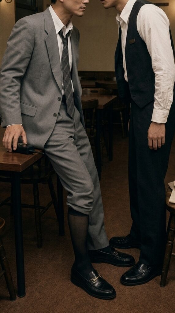 Masato and Ren hold a close, fully clothed pause beside the last table.