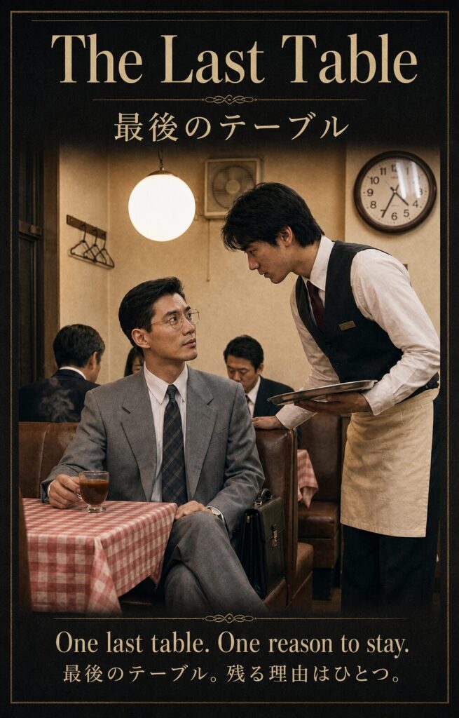 The Last Table teaser poster showing Masato at the final restaurant table as Ren leans in with a tray.