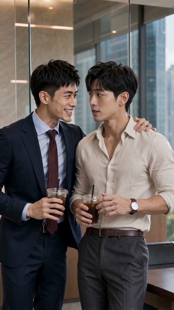 Lin Wei-jie in a navy suit leans toward Chen Yu-hao as both men hold iced coffees in the Taipei office.