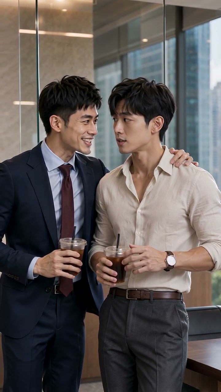 Lin Wei-jie in a navy suit leans toward Chen Yu-hao as both men hold iced coffees in the Taipei office.