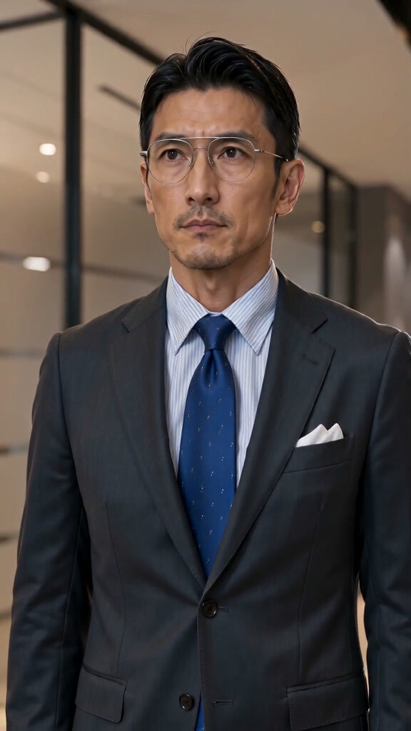 Yamaguchi Bucho arrives at the Taipei office in a charcoal suit, blue tie, and thin metal glasses.