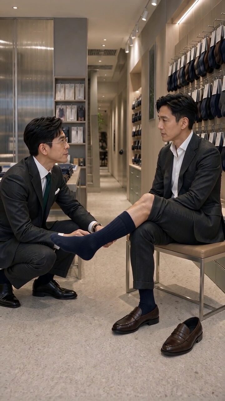 Daniel and a customer finish a fitting at the Calf & Column sock boutique.