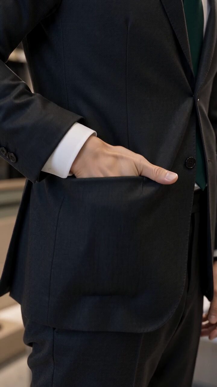A hand rests in the pocket of a dark tailored jacket at Calf & Column.