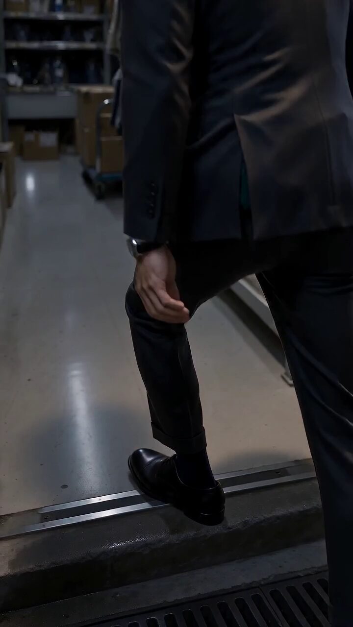 A suited man steps over the stockroom threshold in polished black shoes.