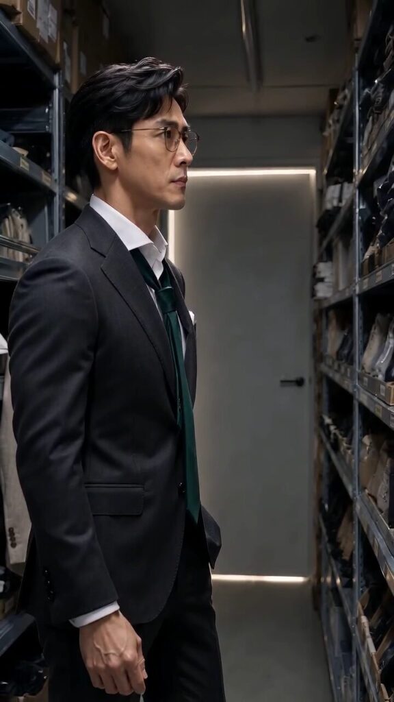 Daniel stands among the stocked shelves under the cool stockroom light.