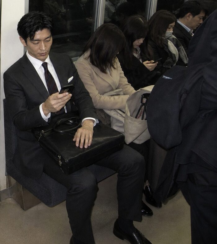 A suited salaryman seated on a Tokyo train with his briefcase and phone as another man stands nearby.