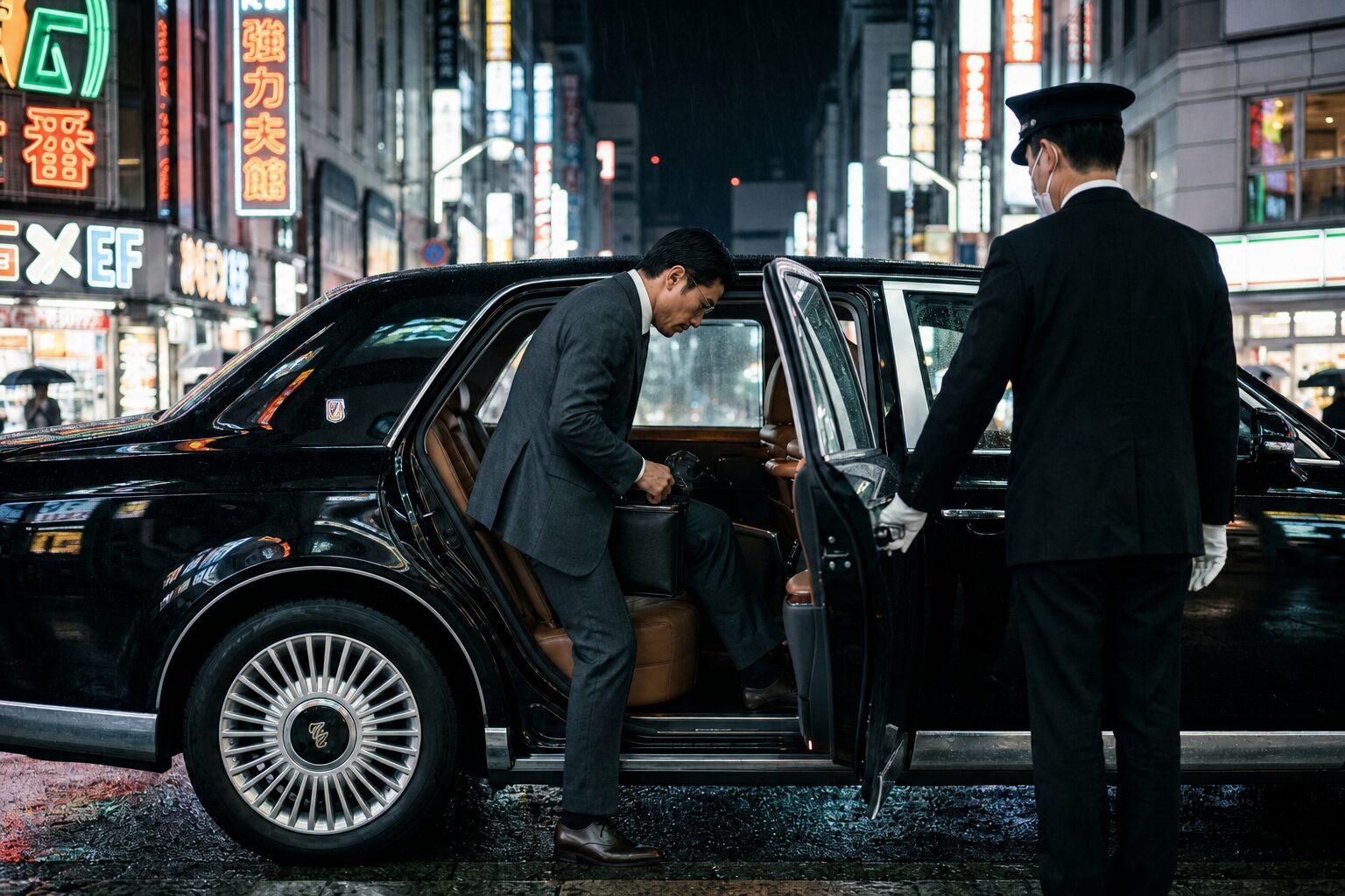 Yamaguchi entering the rear seat of a black company car as the chauffeur holds the door in the rain.