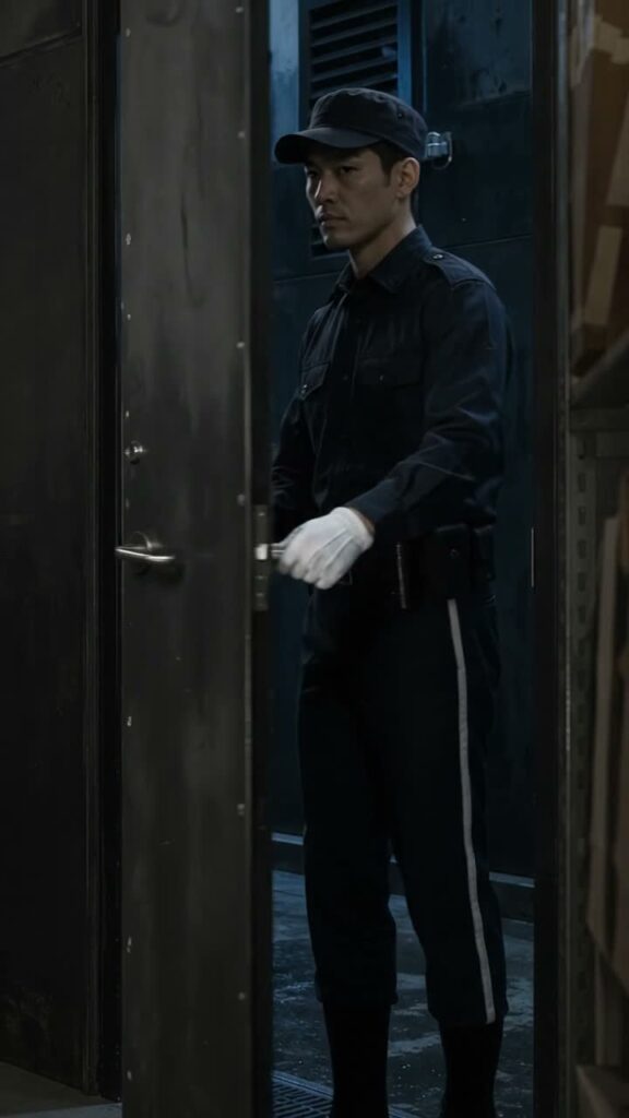 Reo in a navy security uniform at the Calf & Column service door.