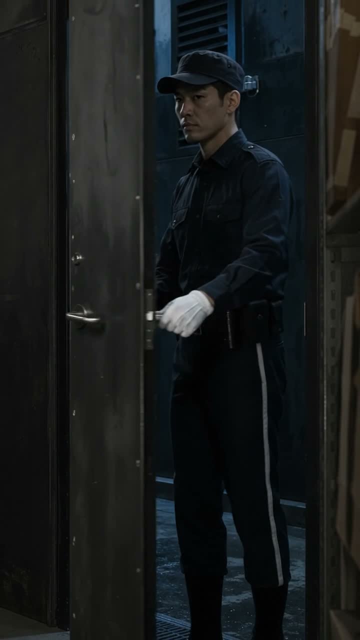 Reo in a navy security uniform at the Calf & Column service door.