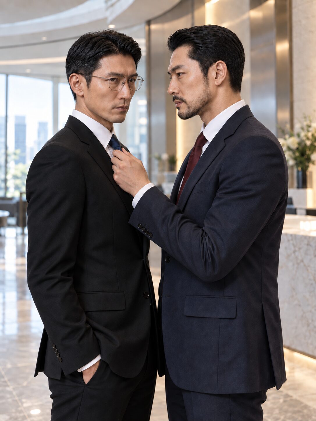 Yamaguchi and Jaewoo at matching height in the Seoul executive lobby, angle A