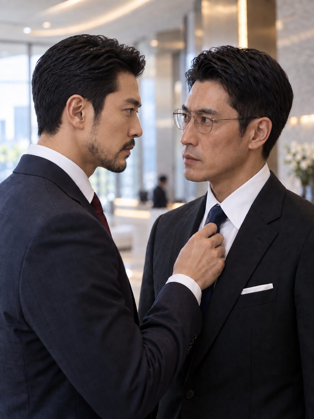 Yamaguchi and Jaewoo at matching height in the Seoul executive lobby, angle B